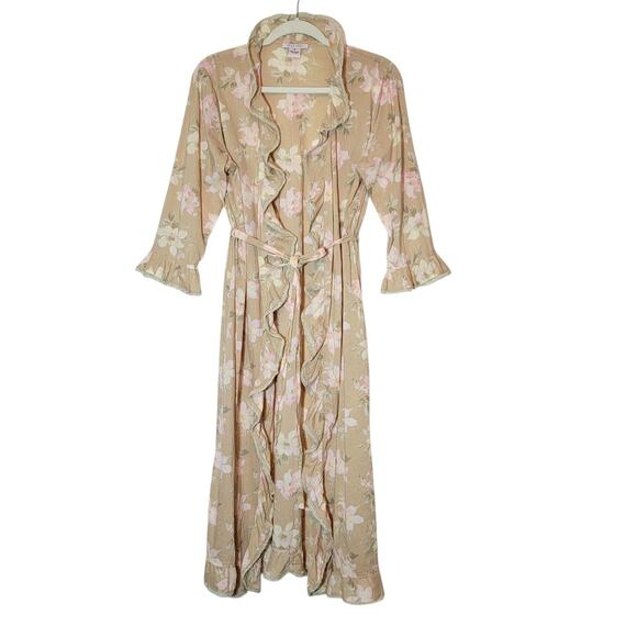 Fleurette Other - Fleurette Floral Cotton Kimono Robe Ruffle Tie Waist Maxi Beige Pink Romantic S